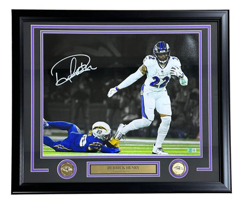 Derrick Henry Signed Framed 16x20 Baltimore Ravens White Jersey Photo BAS