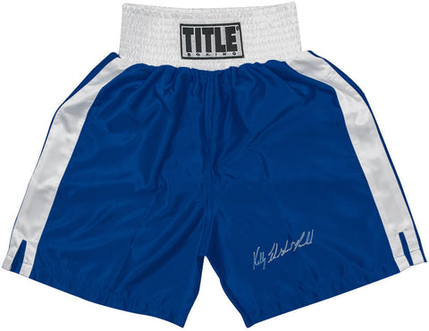 Kelly Pavlik Signed Title Blue & White Trim Boxing Trunks w/The Ghost - (SS COA)