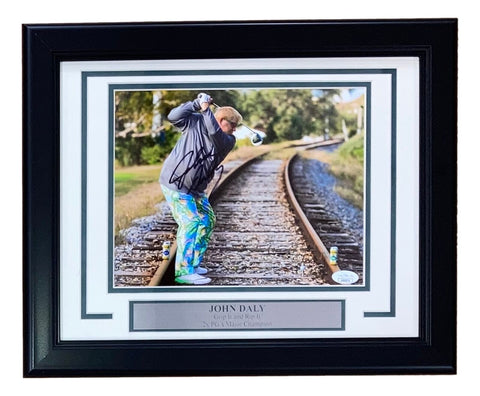 John Daly Signed In Dark Blue Framed 8x10 PGA Golf Railroad Tee Shot Photo JSA