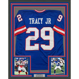 Framed Autographed/Signed Tyrone Tracy Jr. 35x39 Blue Football Jersey BAS COA #2
