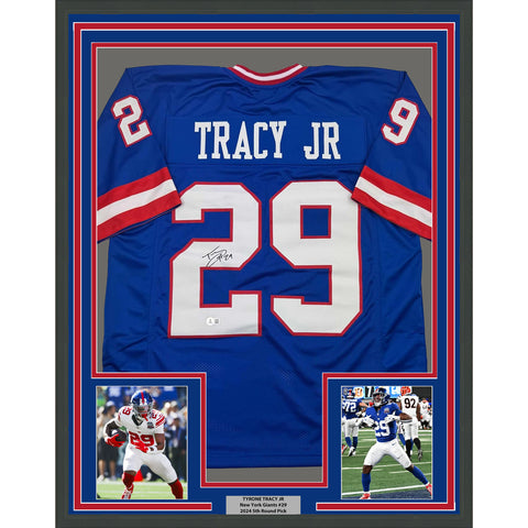 Framed Autographed/Signed Tyrone Tracy Jr. 35x39 Blue Football Jersey BAS COA #2
