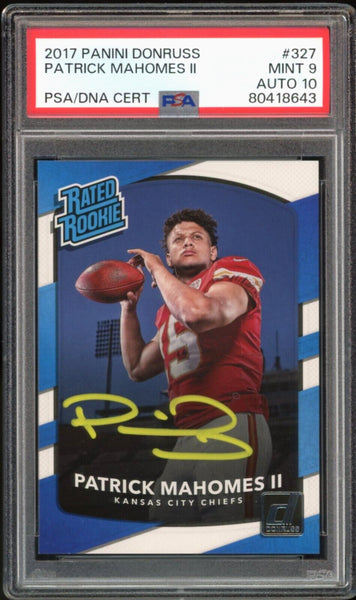 2017 Panini Donruss Rated Rookie Patrick Mahomes RC Yellow Ink PSA 9/10 Auto