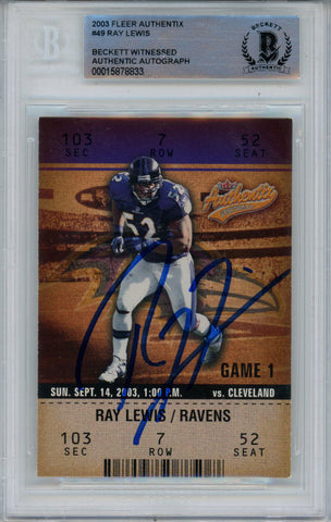 Ray Lewis Signed 2003 Fleer Authentix #49 Trading Card Beckett Slab 43363