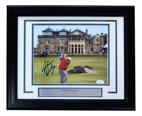John Daly Signed In Blue Framed 8x10 PGA St. Andrews Swilcan Bridge Photo JSA