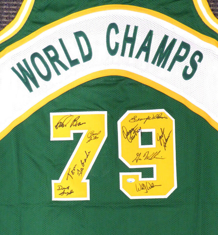 1978-79 NBA CHAMP SUPERSONICS AUTOGRAPHED GREEN JERSEY 9 SIGS WILKENS MCS 145849