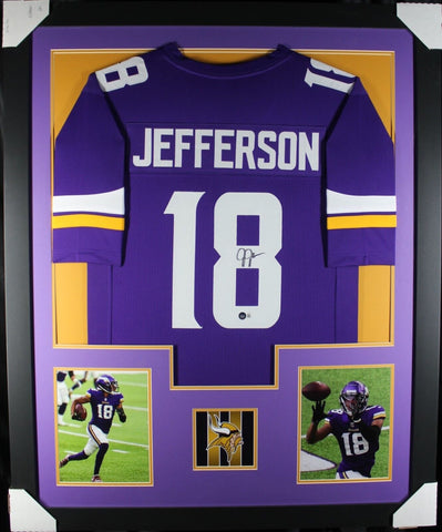 JUSTIN JEFFERSON (Vikings purp TOWER) Signed Autographed Framed Jersey Beckett