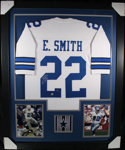 EMMITT SMITH (Cowboys white TOWER) Signed Autographed Framed Jersey Beckett