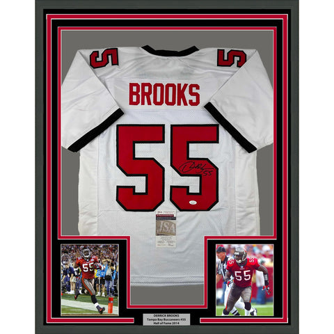 Framed Autographed/Signed Derrick Brooks 33x42 Tampa Bay White Jersey JSA COA