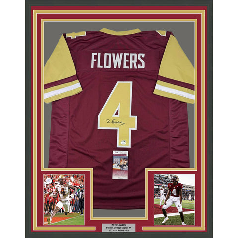 Framed Autographed/Signed Zay Flowers 33x42 Boston College Maroon Jersey BAS COA