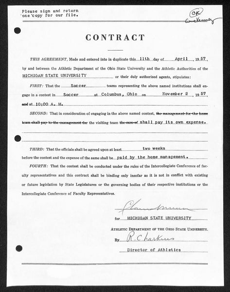 Biggie Munn HOF Michigan State Head Coach Signed/Auto Contract JSA BA199647