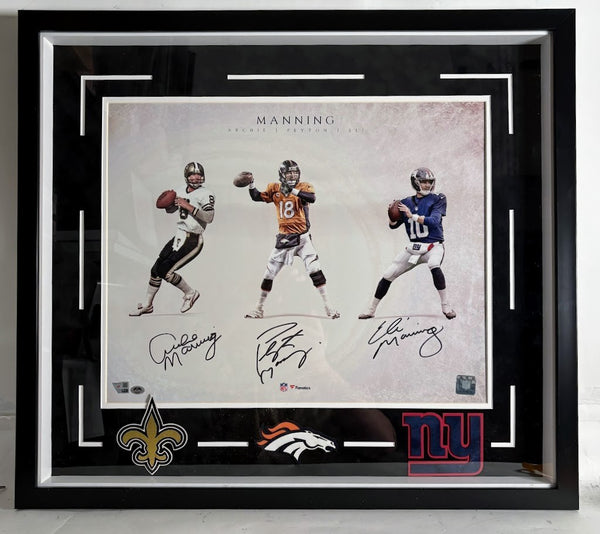 Archie, Peyton & Eli Manning Triple Autographed 16x20 Photo Framed Fanatics COA