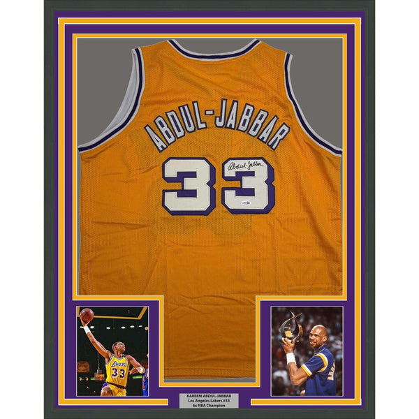 Framed Autographed/Signed Kareem Abdul-Jabbar 35x39 Yellow Jersey JSA COA