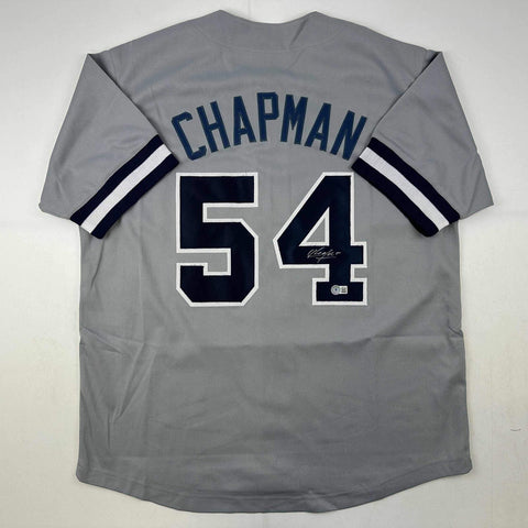 Autographed/Signed Aroldis Chapman New York Grey Jersey Beckett BAS COA