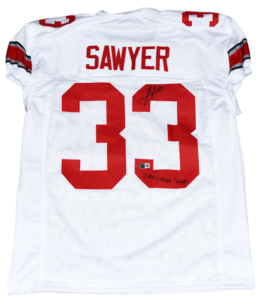 JACK SAWYER SIGNED OHIO STATE BUCKEYES #33 WHITE JERSEY W/ 2024 NATIONAL CHAMPS