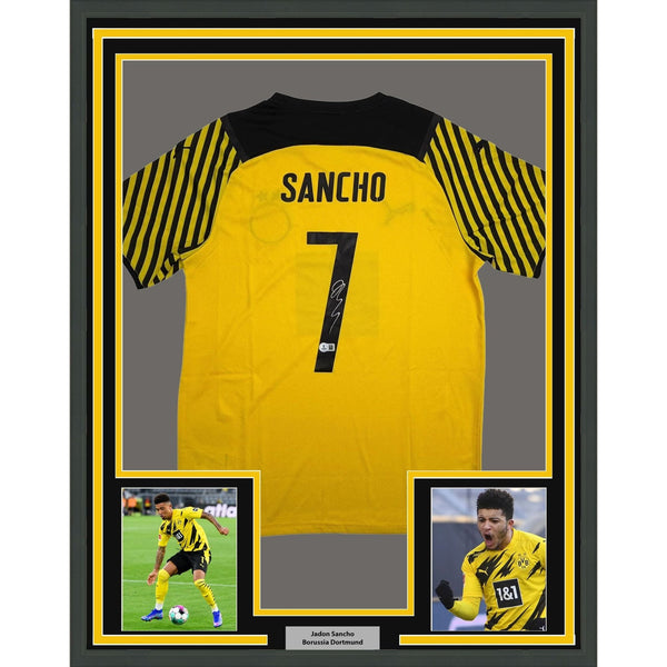 Framed Autographed/Signed Jadon Sancho 35x39 Dortmund Yellow Jersey BAS COA