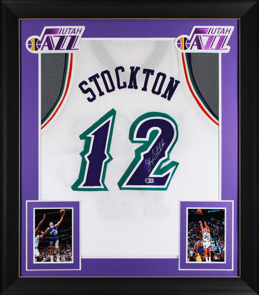 John Stockton Authentic Signed White Pro Style Framed Jersey BAS Witnessed