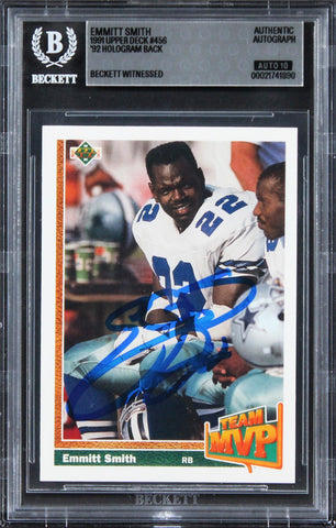 Emmitt Smith Signed 1991 Upper Deck '92 Hologram #456 Card Auto 10! BAS Slabbed