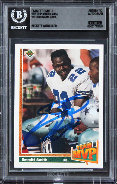Emmitt Smith Signed 1991 Upper Deck '92 Hologram #456 Card Auto 10! BAS Slabbed