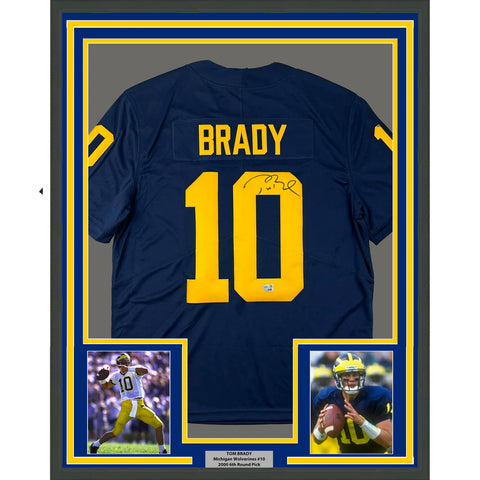 Framed Autographed/Signed Tom Brady 35x39 Michigan Wolverines Blue Authentic Lim
