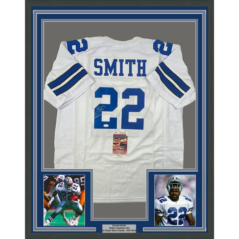 Framed Autographed/Signed Emmitt Smith 33x42 Dallas White Jersey JSA COA