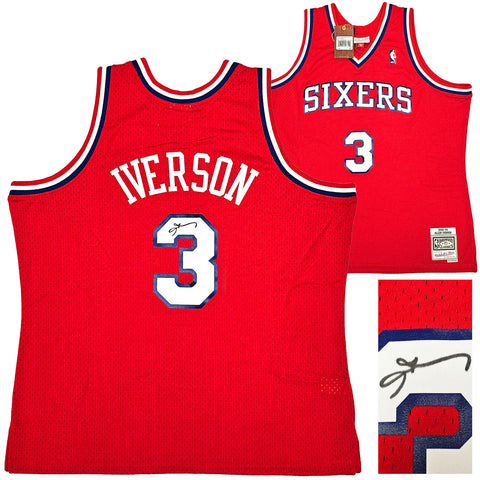 76ERS ALLEN IVERSON AUTOGRAPHED RED AUTHENTIC M&N 2002-03 HWC JERSEY XXL BECKETT