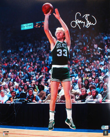 Larry Bird Autographed Boston Celtics 16x20 Jump Shot Green Photo-Beckett W Holo