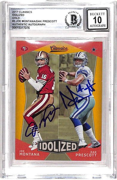 Joe Montana Dak Prescott Signed '17 Classics Idolized Gold 10 Auto BAS 42696