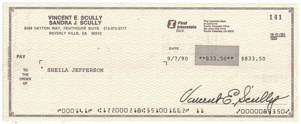 Vin Scully Signed 9/7/1990 First Interstate Bank Check 38912