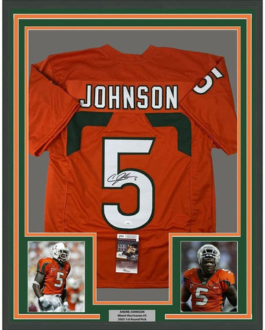 FRAMED Autographed/Signed ANDRE JOHNSON 35x39 Orange Jersey JSA COA