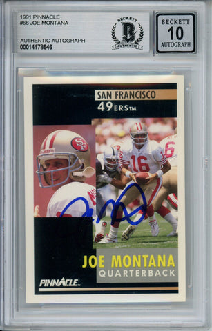 Joe Montana Autographed 1991 Pinnacle #66 Trading Card Beckett 10 Slab 37588