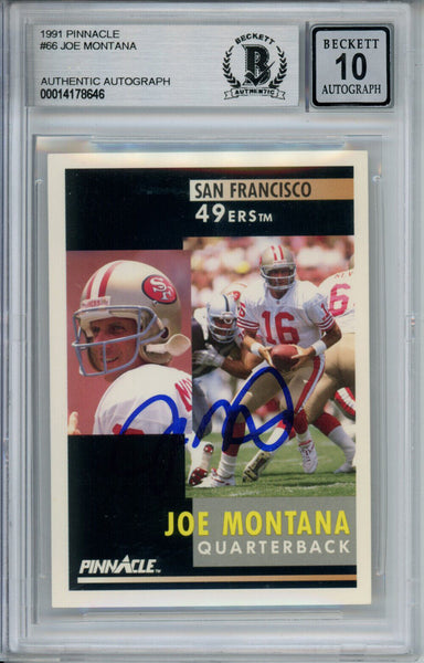 Joe Montana Autographed 1991 Pinnacle #66 Trading Card Beckett 10 Slab 37588