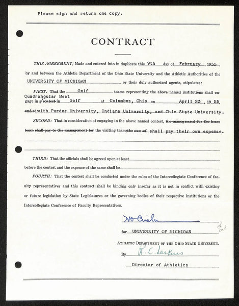 Fritz Crisler HOF Michigan Head Coach Signed/Auto Contract PSA BA198991