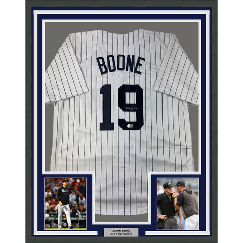 Framed Autographed/Signed Aaron Boone 33x42 Pinstripe Baseball Jersey BAS COA