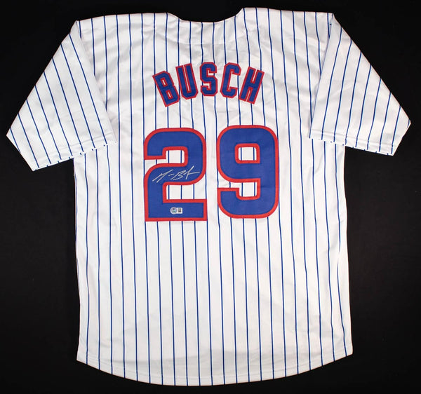 Michael Busch Signed Chicago Cubs Pinstripe Jersey (Beckett) 2025 Team HR Leader