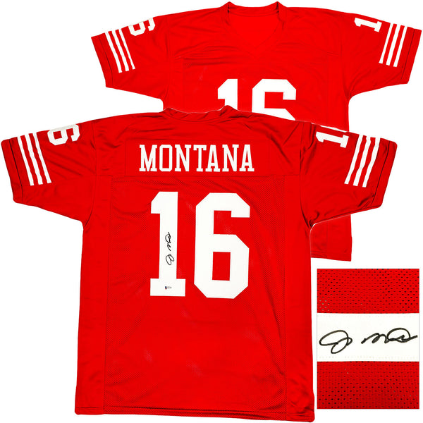 SAN FRANCISCO 49ERS JOE MONTANA AUTOGRAPHED RED JERSEY BECKETT BAS STOCK #224669