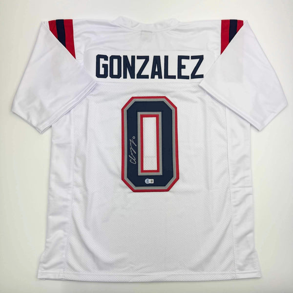 Autographed/Signed Christian Gonzalez New England White Football Jersey BAS COA