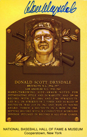 Dodgers Don Drysdale Authentic Signed 3.5x5.5 HOF Plaque Postcard JSA T12762