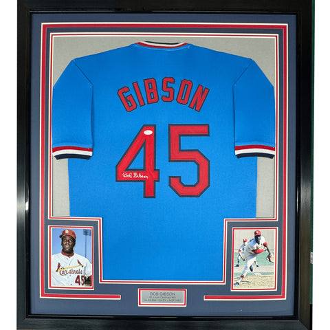 Framed Signed Bob Gibson 35x39 St. Louis Blue Jersey JSA COA Auto