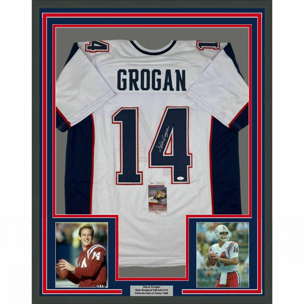 FRAMED Autographed/Signed STEVE GROGAN 33x42 New England White Jersey JSA COA