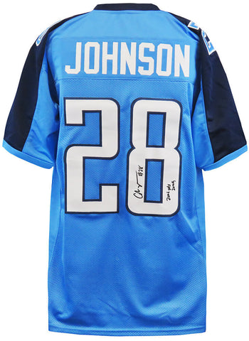 Chris Johnson Signed Blue Custom Football Jersey w/2006 Yds 2009 -(SCHWARTZ COA)