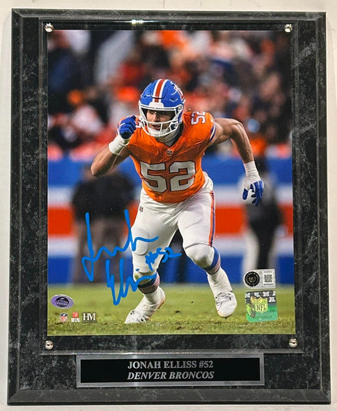 Jonah Elliss Autographed 8x10 Denver Broncos (Home Jersey) Photo wPlaque BAS COA