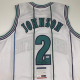 Autographed/Signed LARRY JOHNSON Charlotte White Basketball Jersey PSA/DNA COA