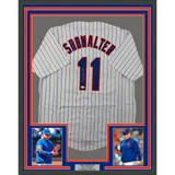 Framed Autographed/Signed Buck Showalter 33x42 Pinstripe Jersey Beckett BAS COA