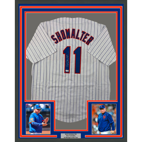 Framed Autographed/Signed Buck Showalter 33x42 Pinstripe Jersey Beckett BAS COA