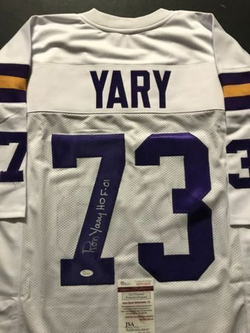 Autographed/Signed RON YARY "HOF 01" Minnesota White Football Jersey JSA COA