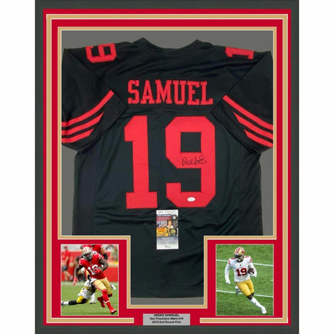 FRAMED Autographed/Signed DEEBO SAMUEL 33x42 San Francisco Black Jersey JSA COA