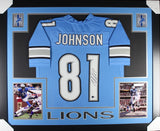 Calvin Johnson Autographed/Signed Pro Style Blue XL Framed Jersey Beckett 51220