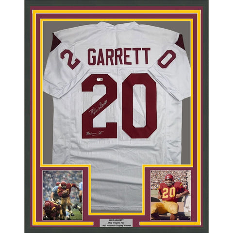 Framed Autographed/Signed Mike Garrett 35x39 USC USC White Jersey BAS COA
