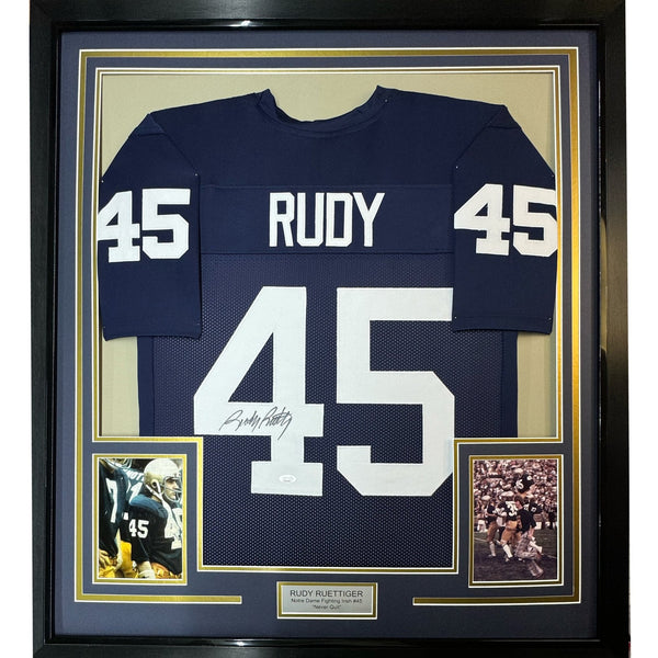 FRAMED Signed RUDY RUETTIGER 35x39 Notre Dame Blue Jersey JSA COA