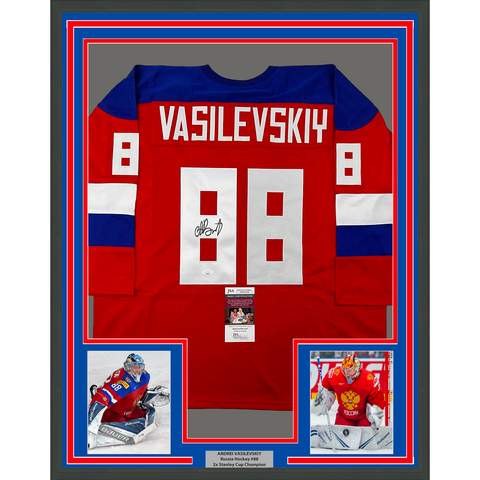 Framed Autographed/Signed Andrei Vasilevskiy 33x42 Russia Red Jersey JSA COA